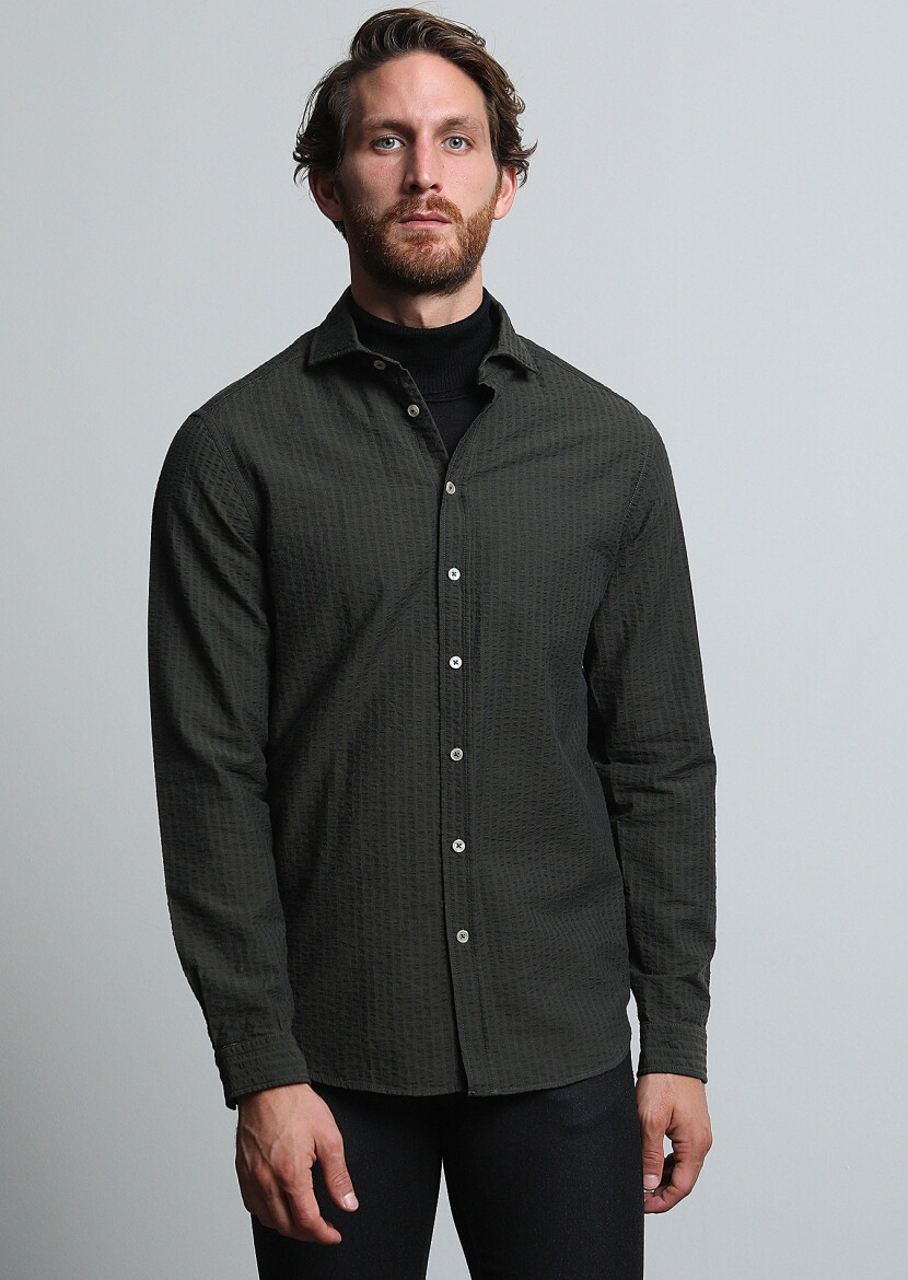 Khaki Striped Regular Fit Long Weaving Casual 100% Cotton Shirt - 1