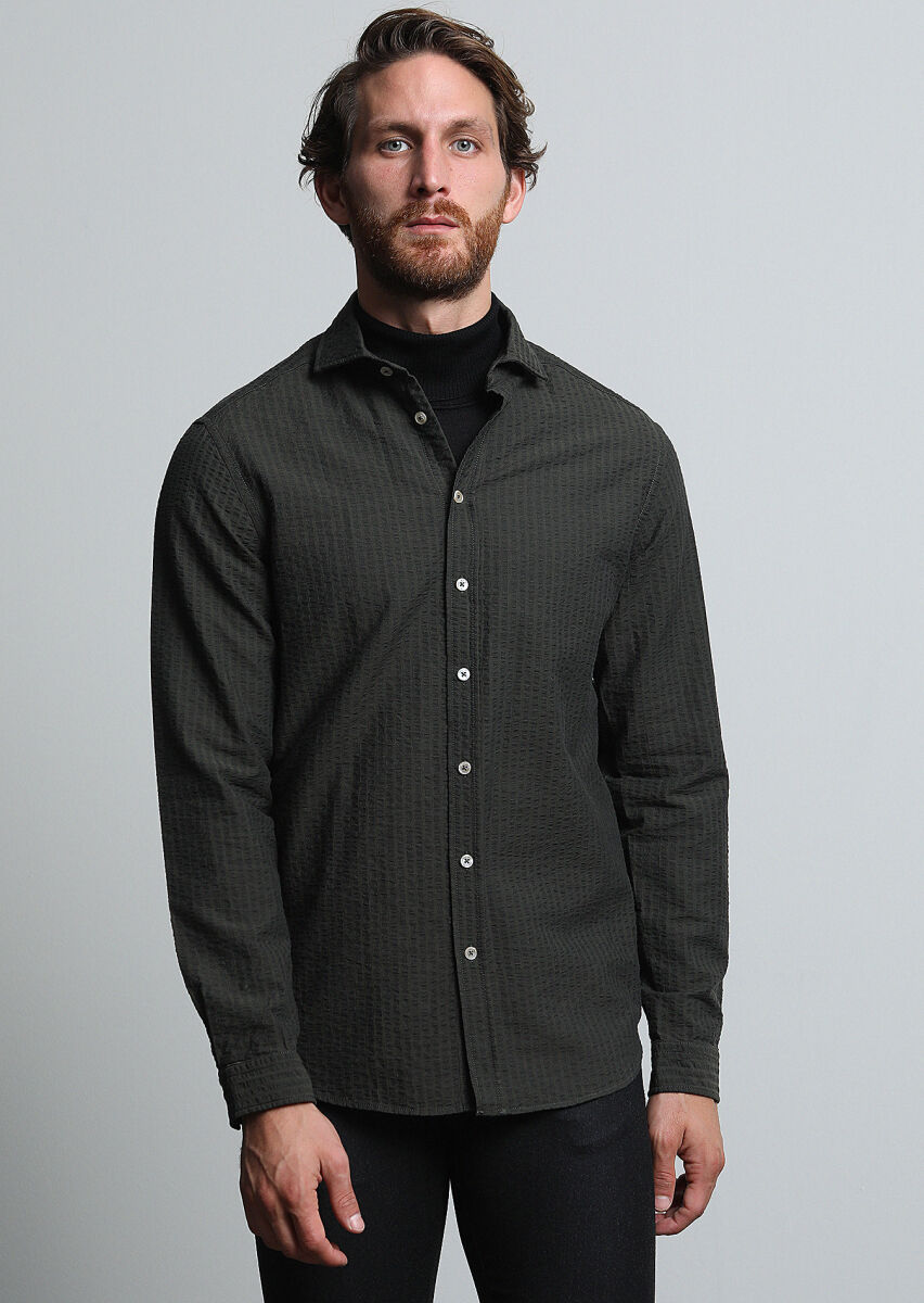 Khaki Striped Regular Fit Long Weaving Casual 100% Cotton Shirt - 1