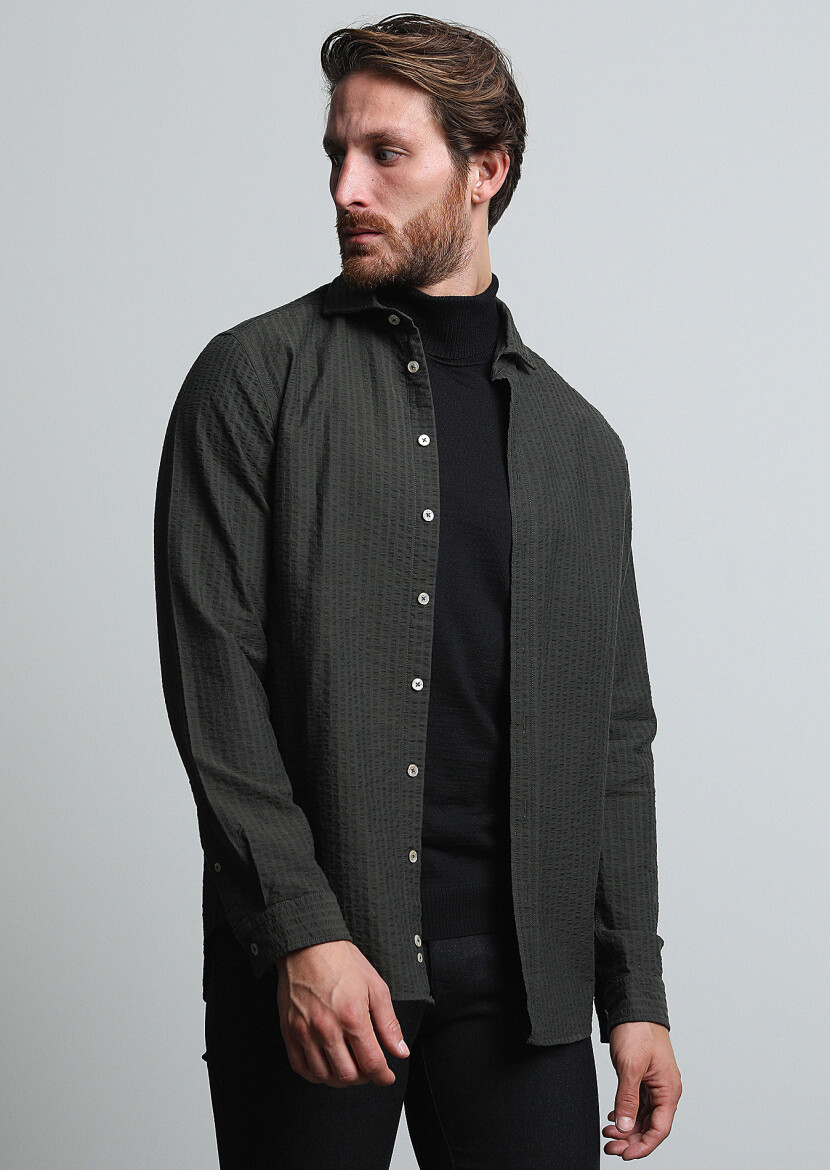 Khaki Striped Regular Fit Long Weaving Casual 100% Cotton Shirt - 2