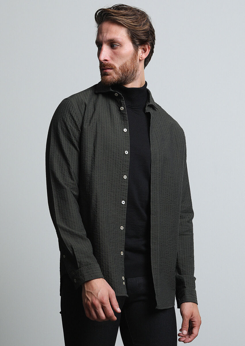 Khaki Striped Regular Fit Long Weaving Casual 100% Cotton Shirt - 2