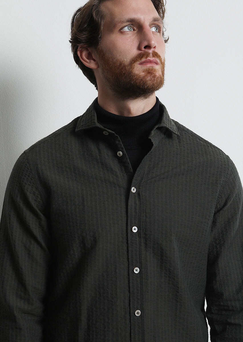 Khaki Striped Regular Fit Long Weaving Casual 100% Cotton Shirt - 4