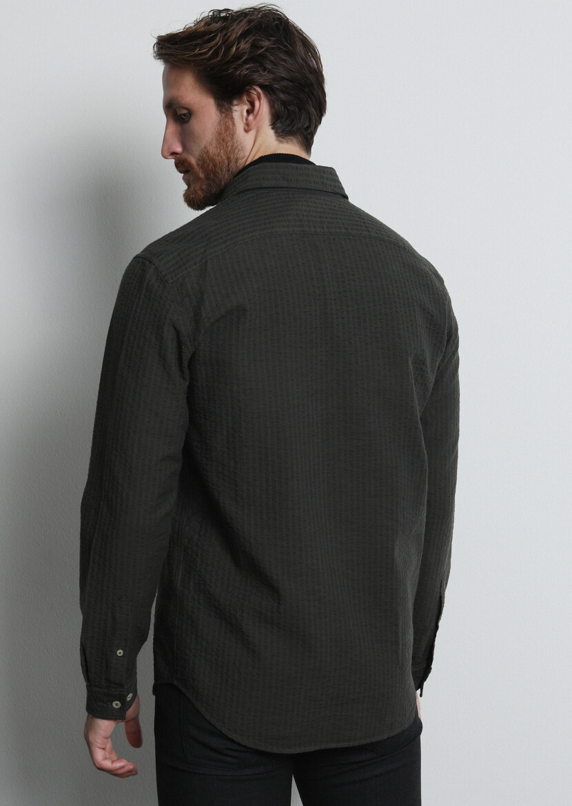 Khaki Striped Regular Fit Long Weaving Casual 100% Cotton Shirt - 5