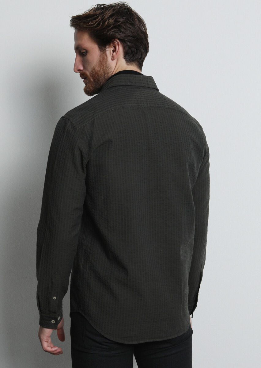 Khaki Striped Regular Fit Long Weaving Casual 100% Cotton Shirt - 5