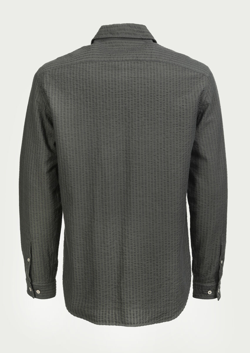 Khaki Striped Regular Fit Long Weaving Casual 100% Cotton Shirt - 7