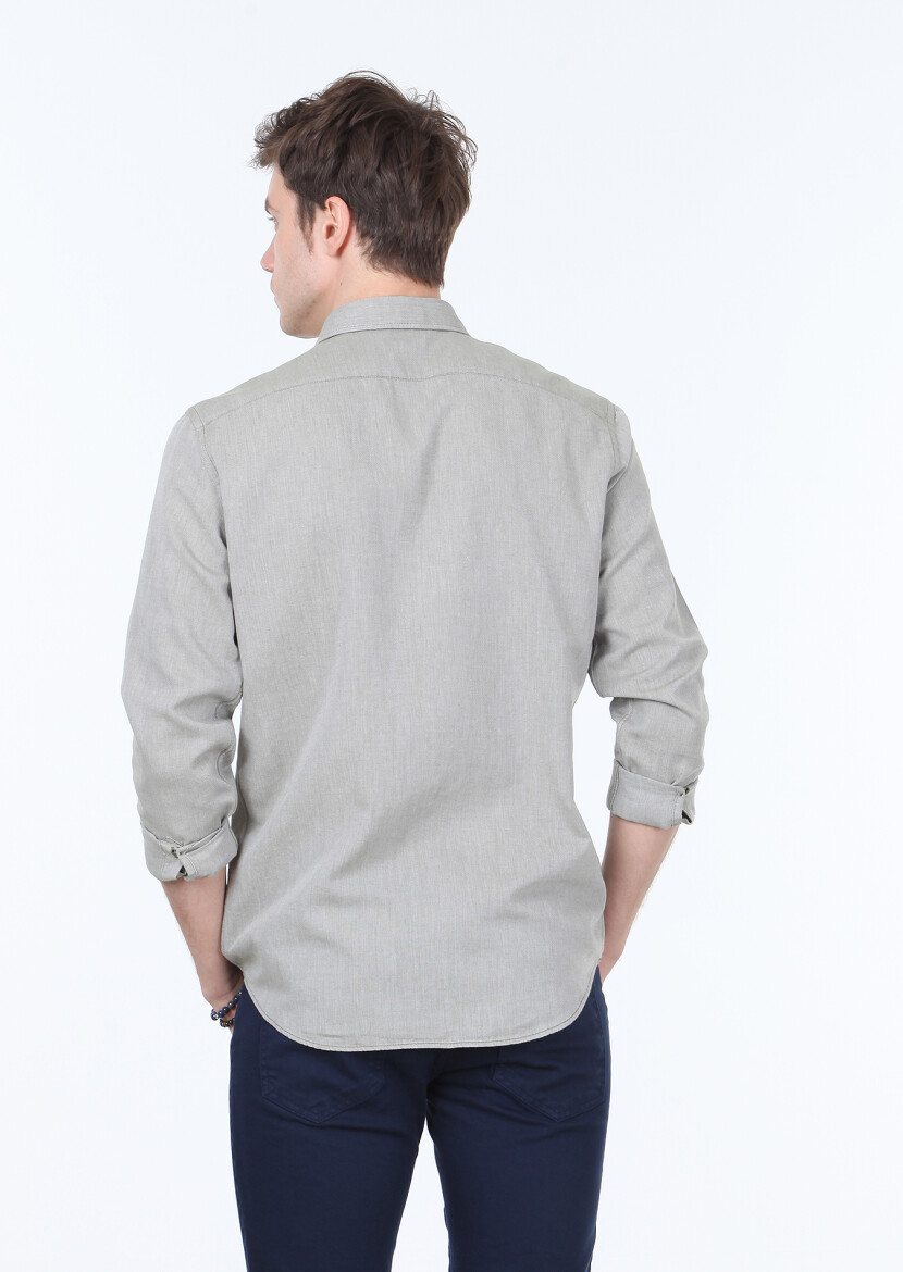 Khaki Striped Regular Fit Long Weaving Casual Cotton Blended Shirt - 4