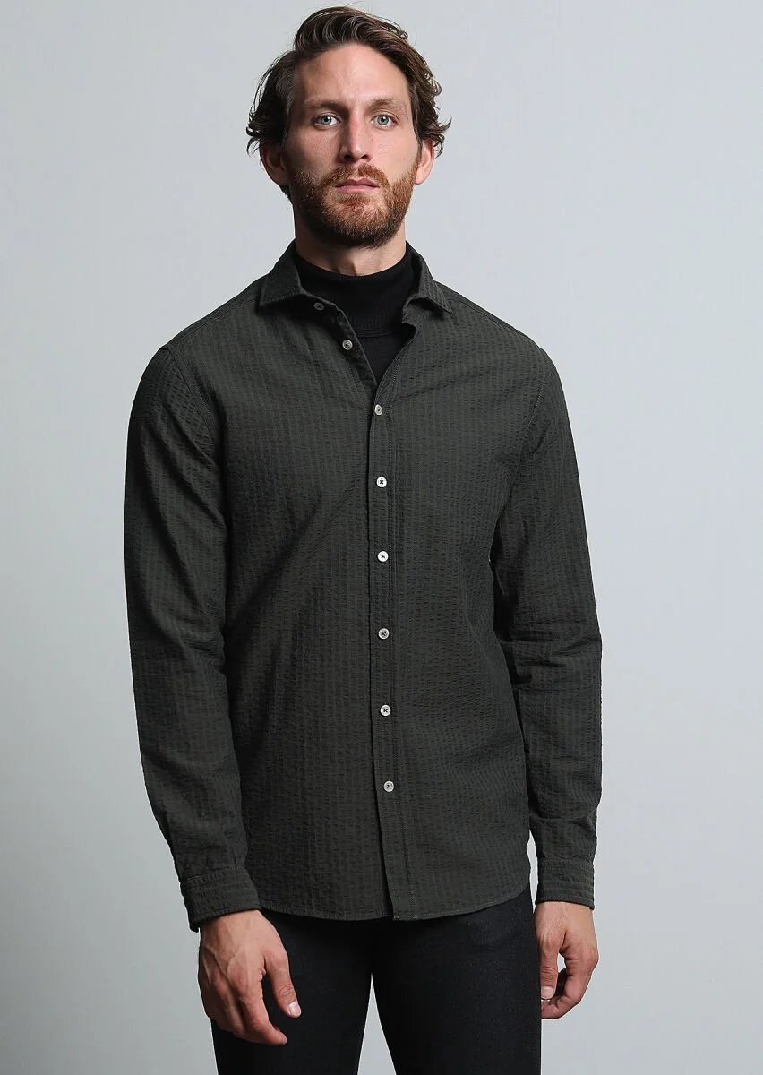 Khaki Striped Regular Fit Weaving Casual 100% Cotton Shirt - 1