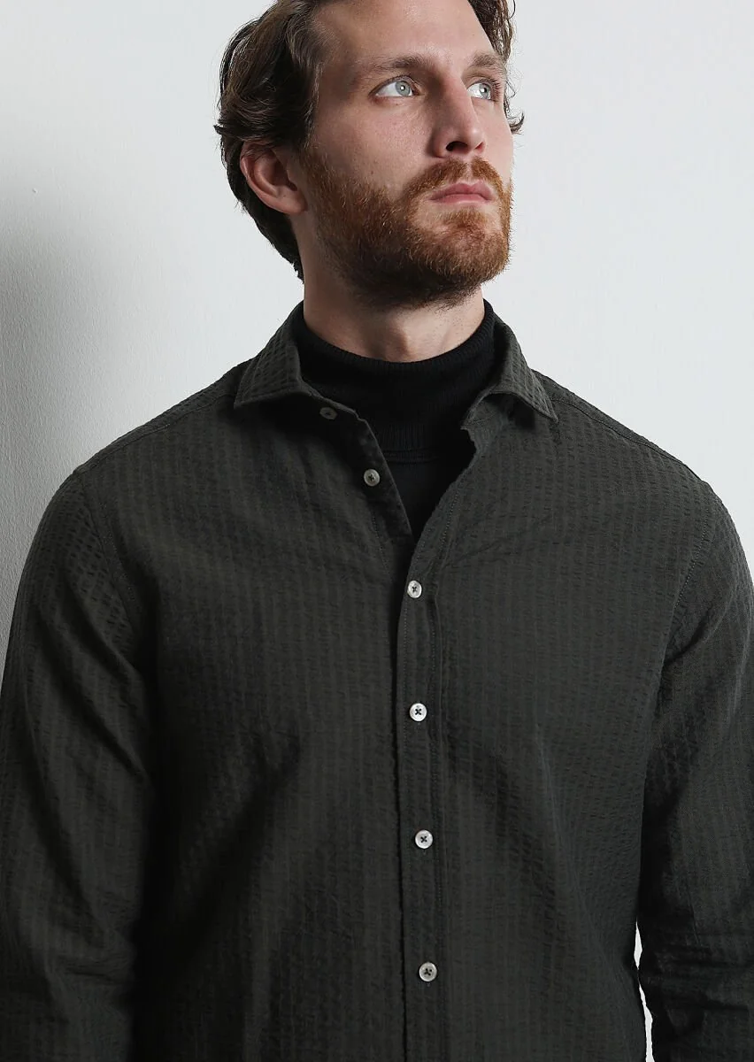 Khaki Striped Regular Fit Weaving Casual 100% Cotton Shirt - 4