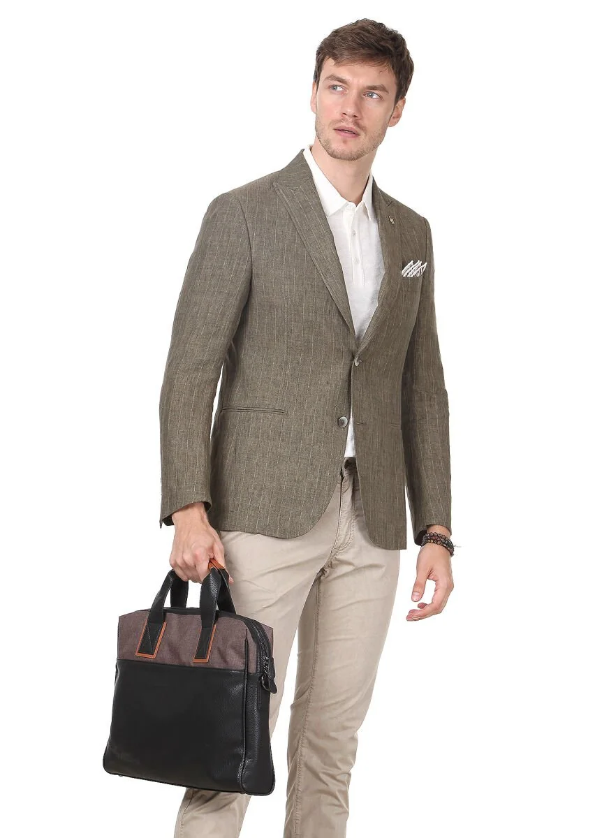 Khaki Striped Zeroweight Slim Fit Cotton Blended Jacket - 1