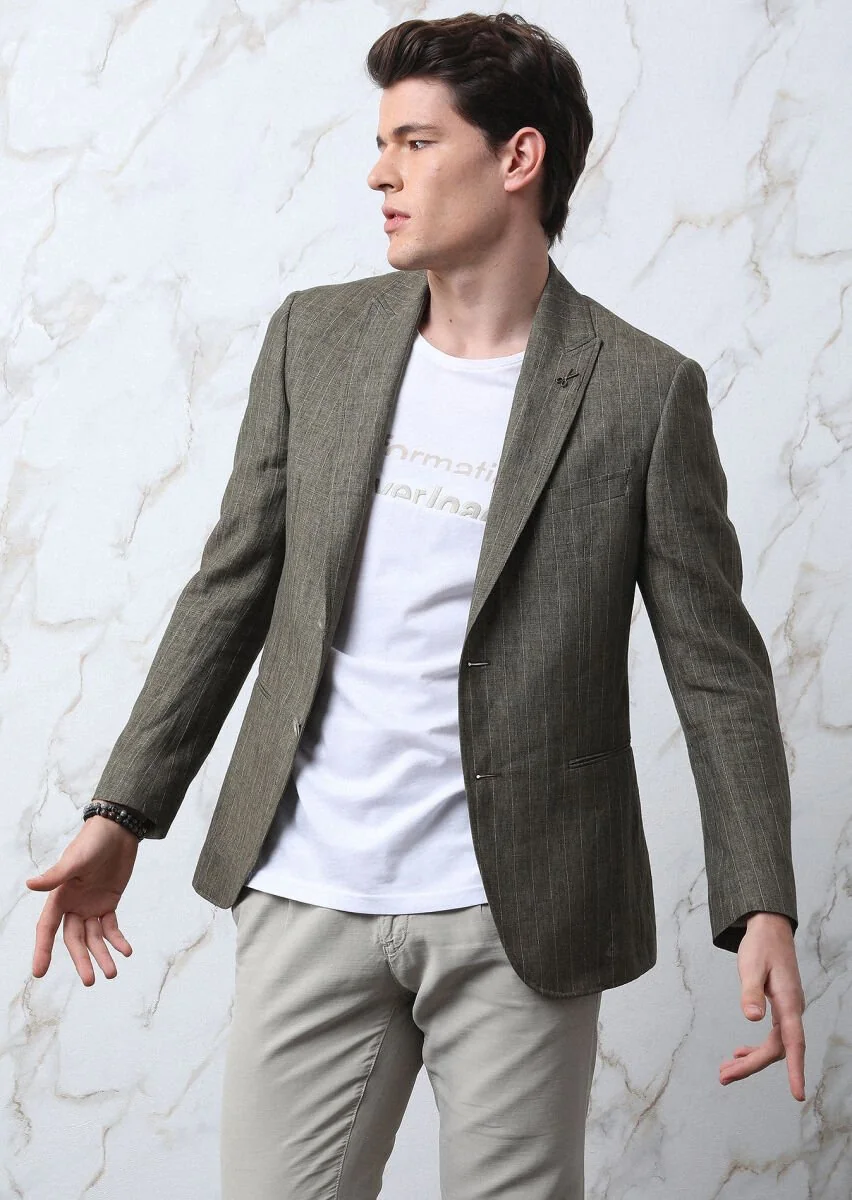 Khaki Striped Zeroweight Slim Fit Cotton Blended Jacket - 2