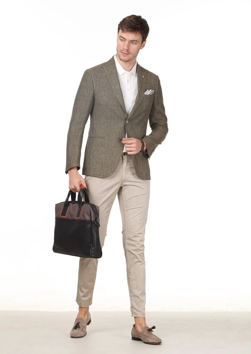 Khaki Striped Zeroweight Slim Fit Cotton Blended Jacket - 3