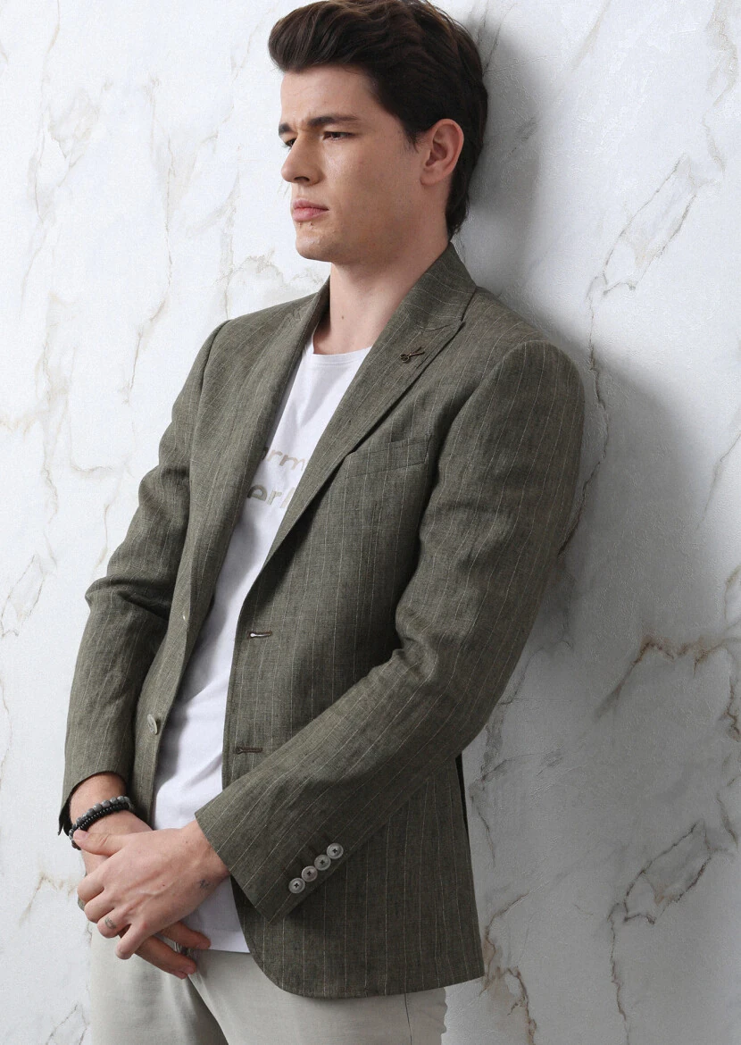 Khaki Striped Zeroweight Slim Fit Cotton Blended Jacket - 4