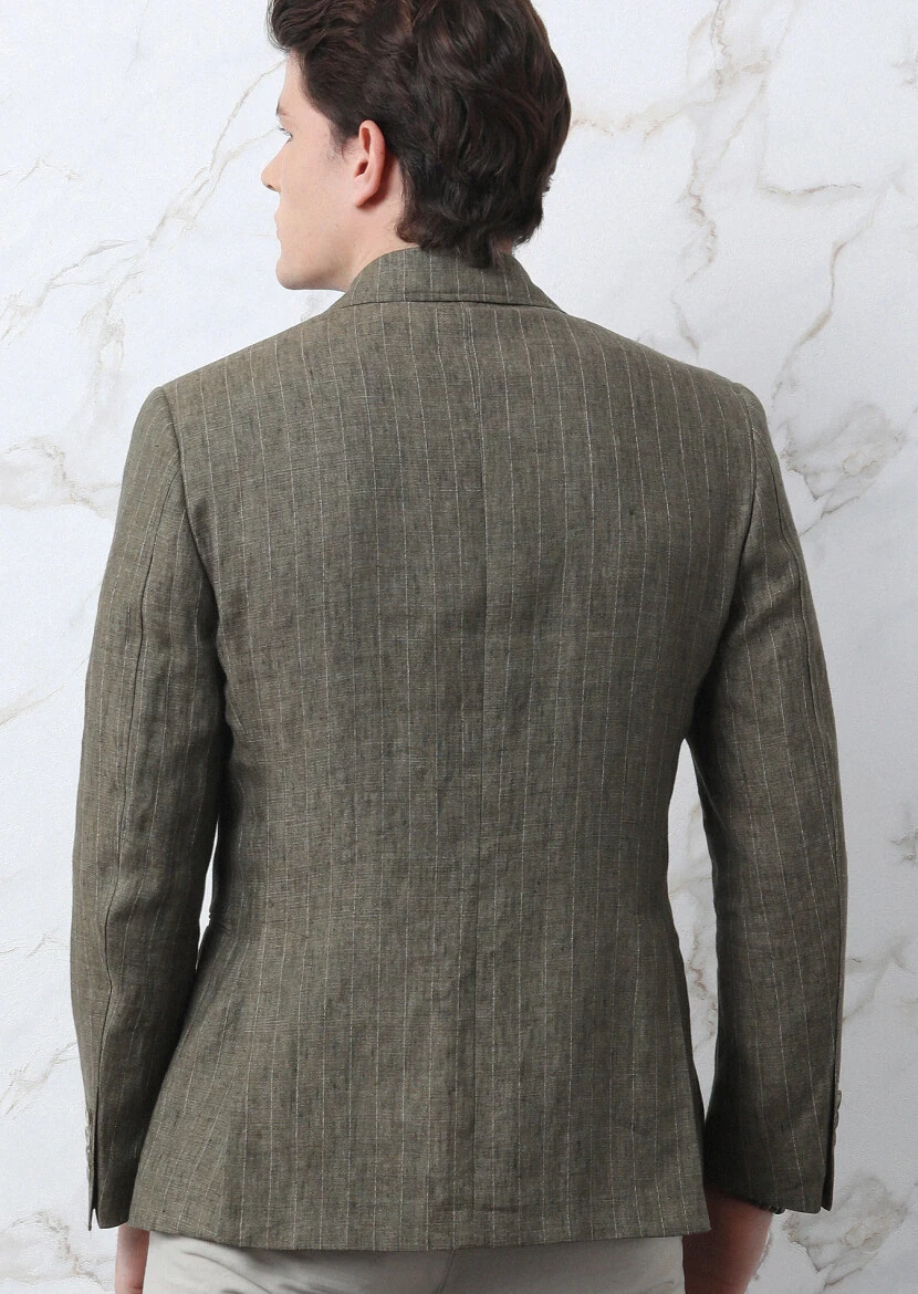 Khaki Striped Zeroweight Slim Fit Cotton Blended Jacket - 6