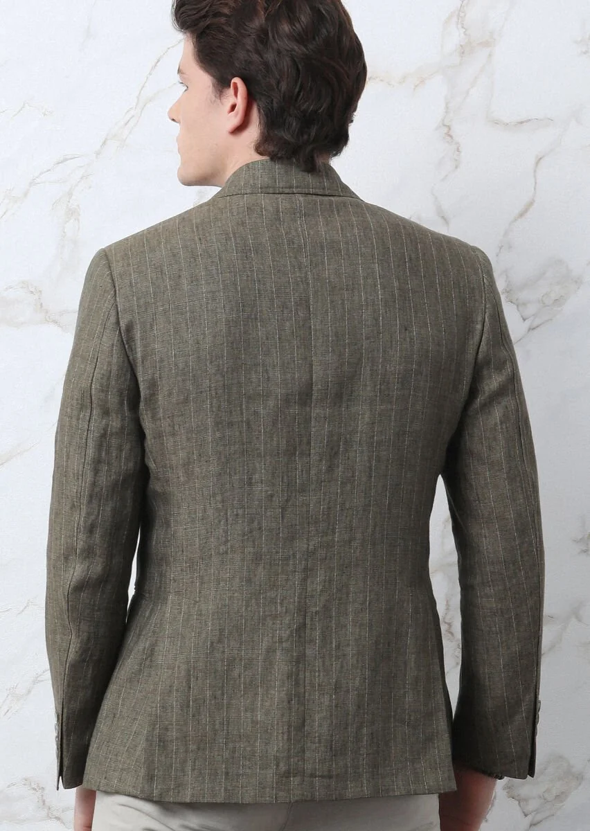Khaki Striped Zeroweight Slim Fit Cotton Blended Jacket - 6