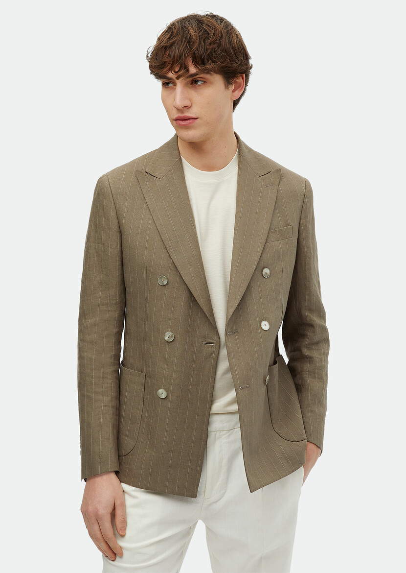 Khaki Striped Zeroweight Slim Fit Linen Blended Jacket - 1