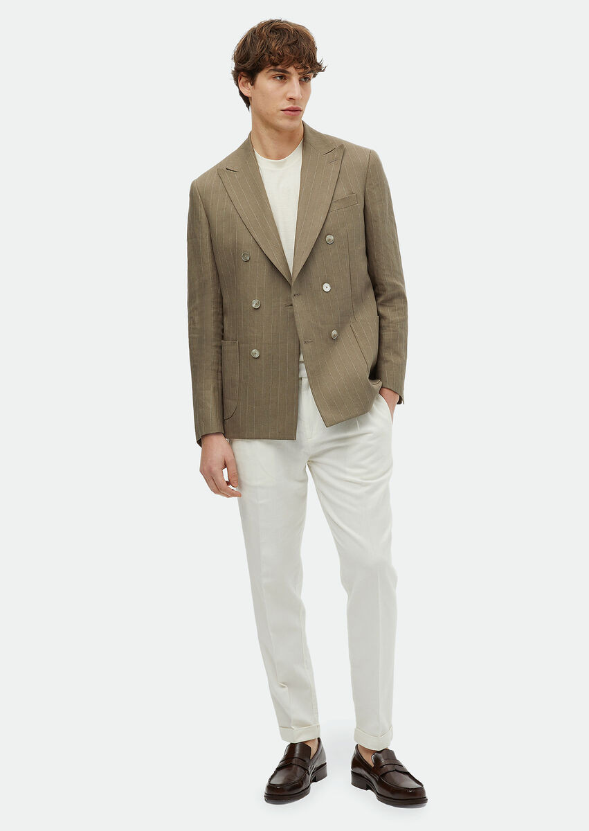 Khaki Striped Zeroweight Slim Fit Linen Blended Jacket - 2