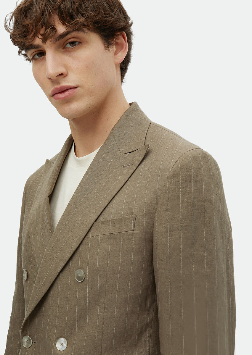 Khaki Striped Zeroweight Slim Fit Linen Blended Jacket - 4