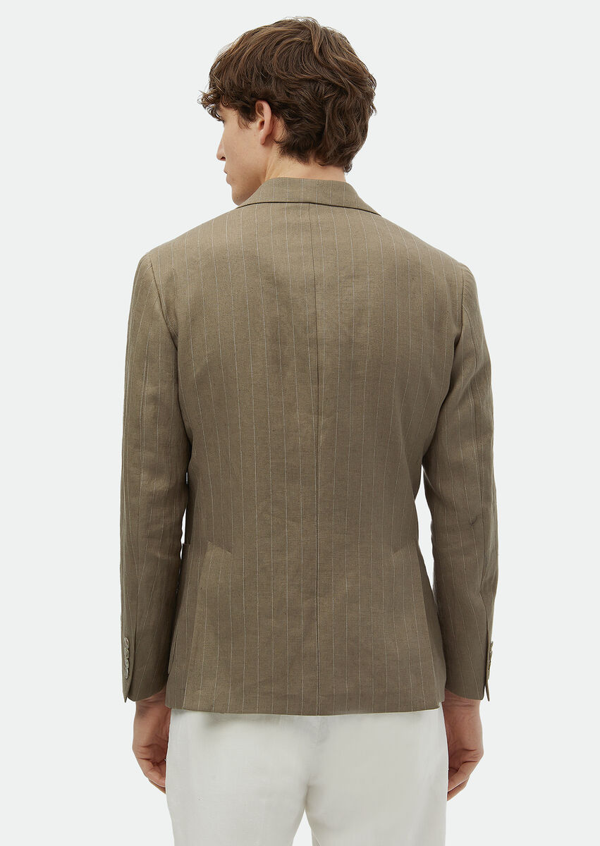 Khaki Striped Zeroweight Slim Fit Linen Blended Jacket - 6