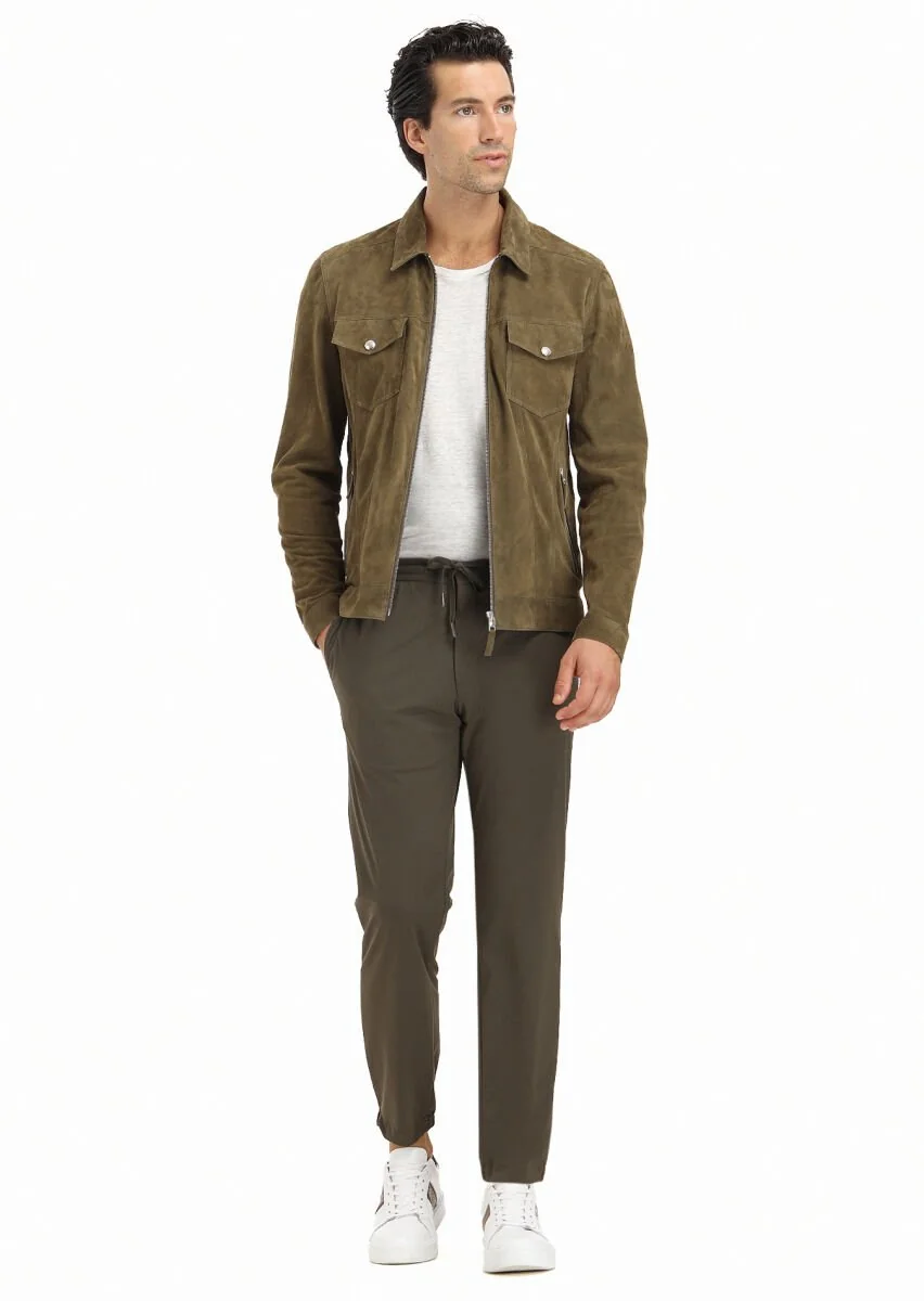 Khaki Suede Leather Coat - 1
