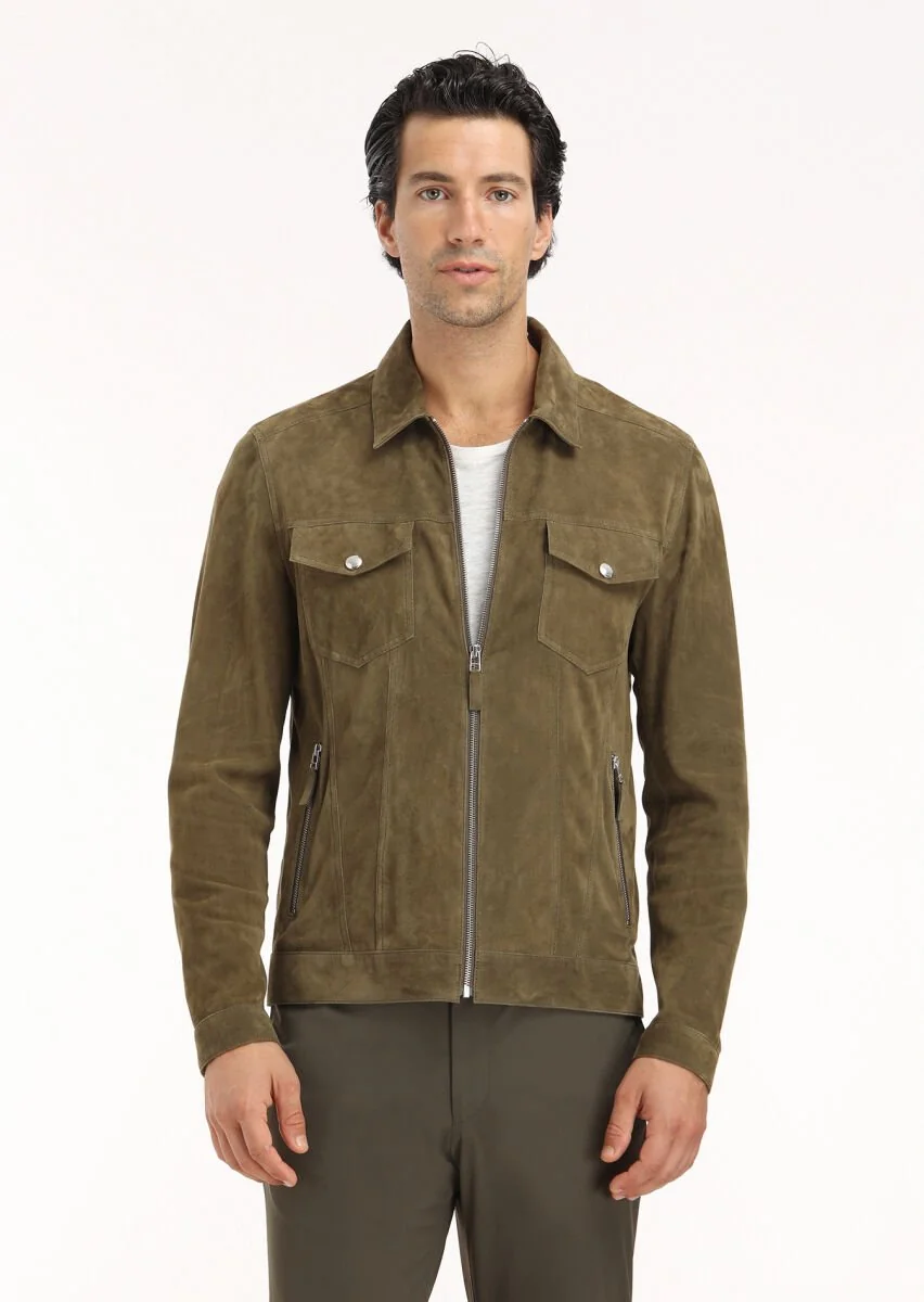 Khaki Suede Leather Coat - 2