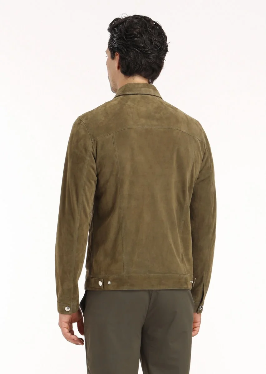 Khaki Suede Leather Coat - 5