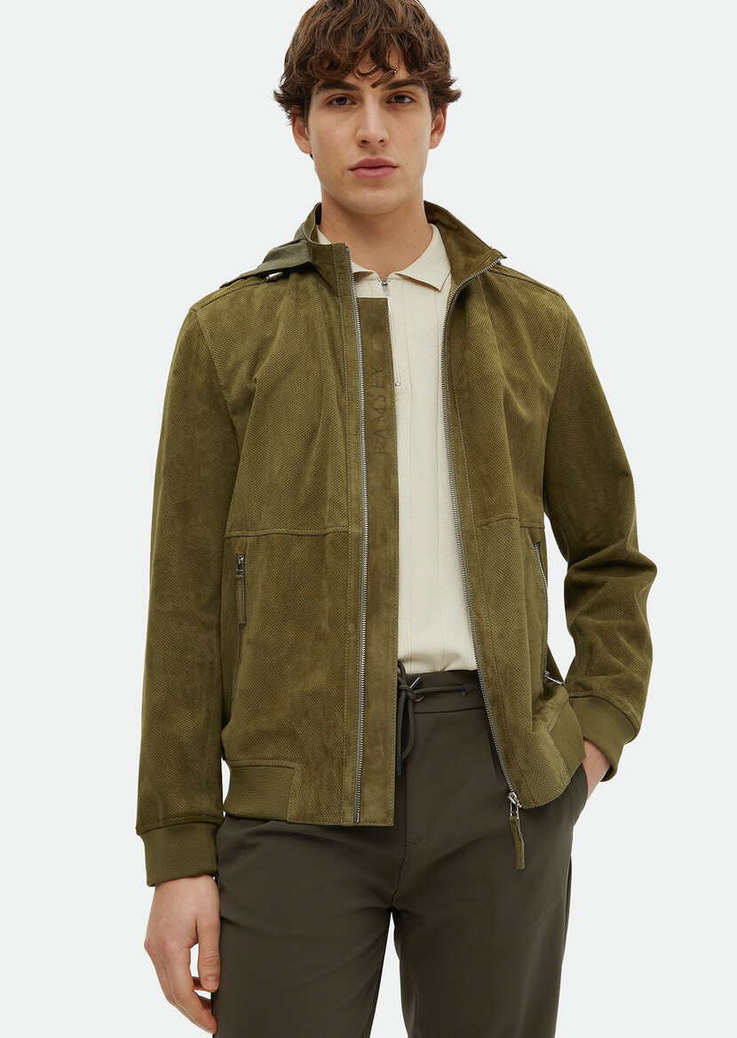 Khaki Suede Leather Coat - 1