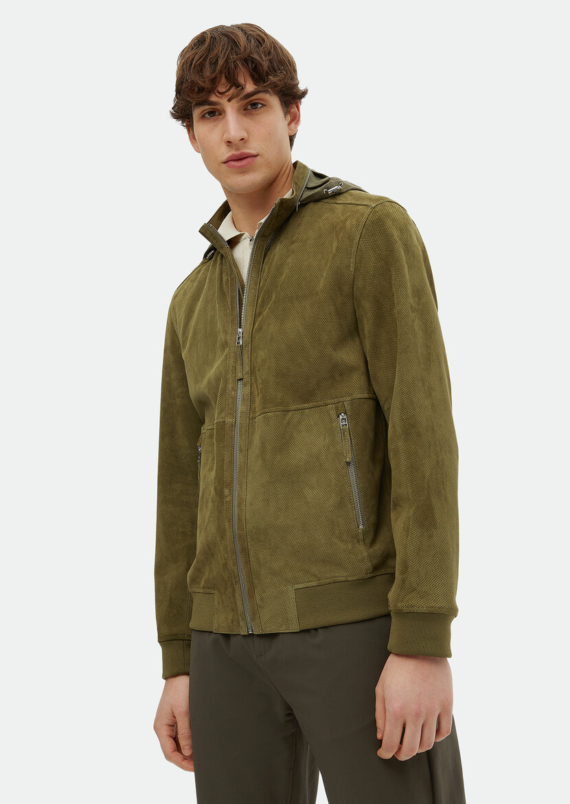 Khaki Suede Leather Coat - 3