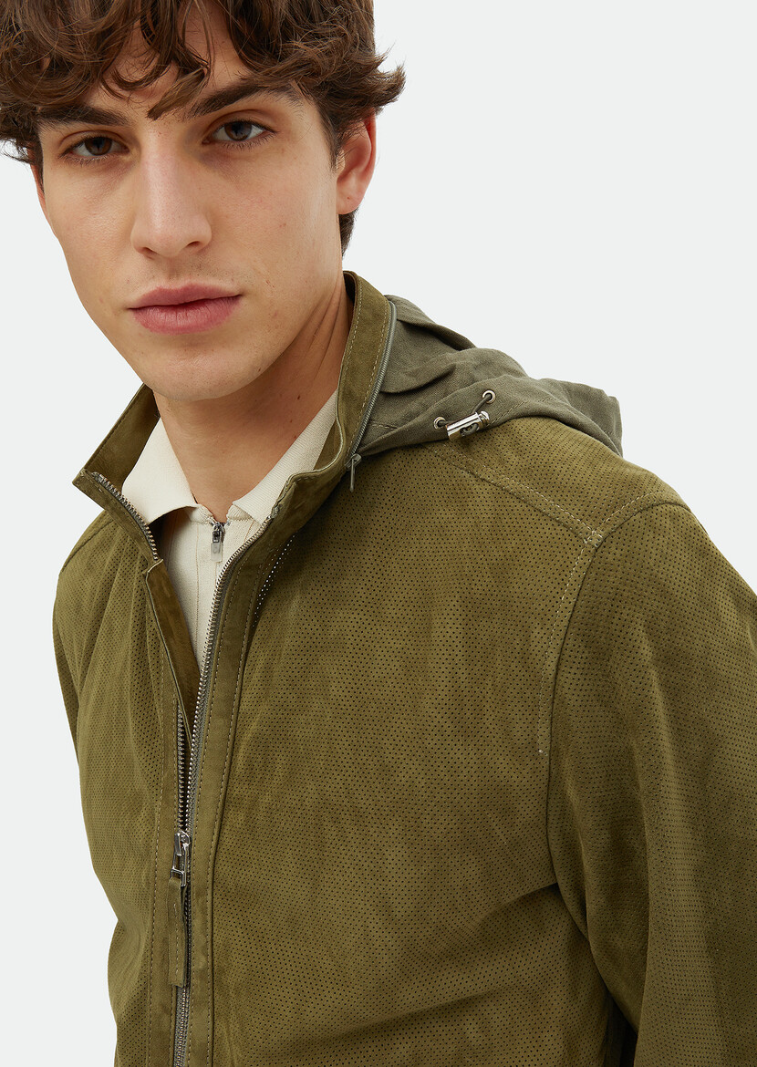 Khaki Suede Leather Coat - 4