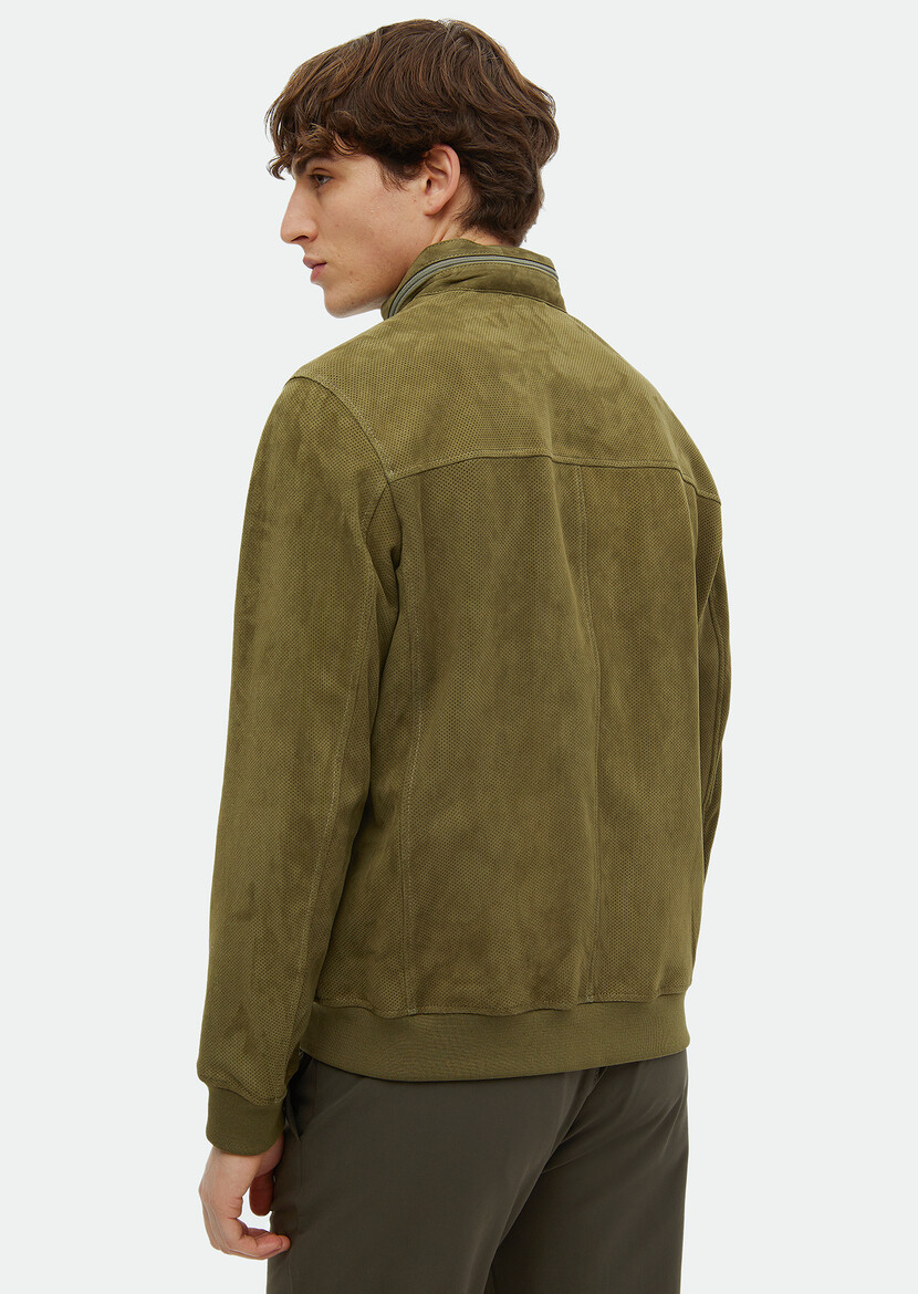 Khaki Suede Leather Coat - 6