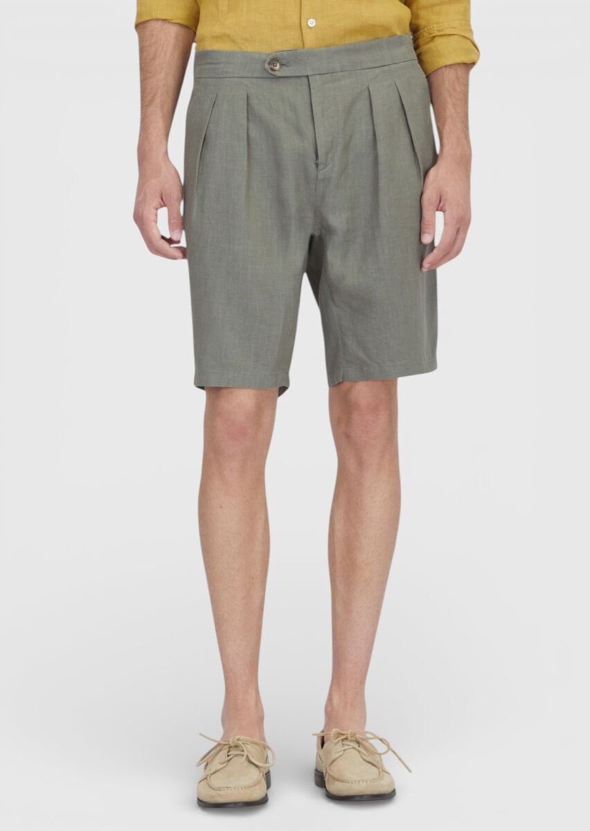 Khaki Weaving Carrot Fit Casual 100% Linen Bermuda - 2