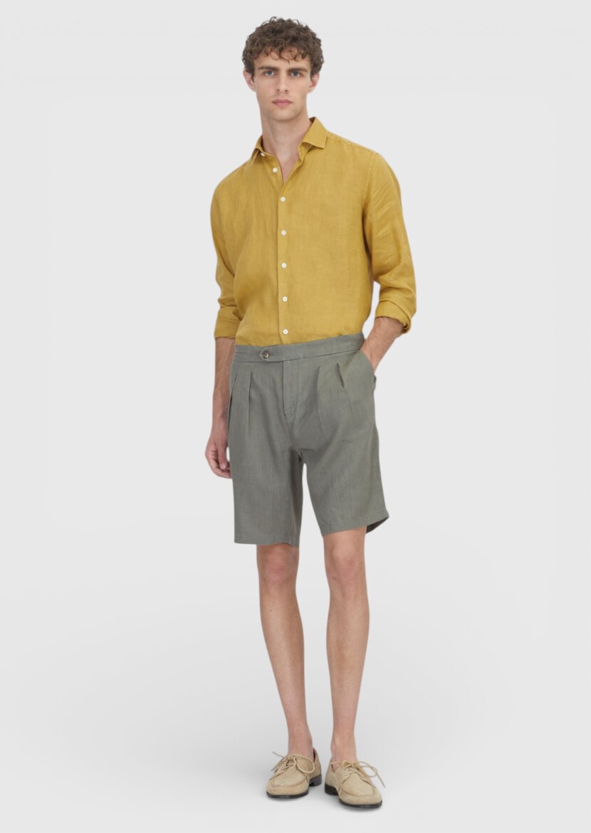 Khaki Weaving Carrot Fit Casual 100% Linen Bermuda - RAMSEY