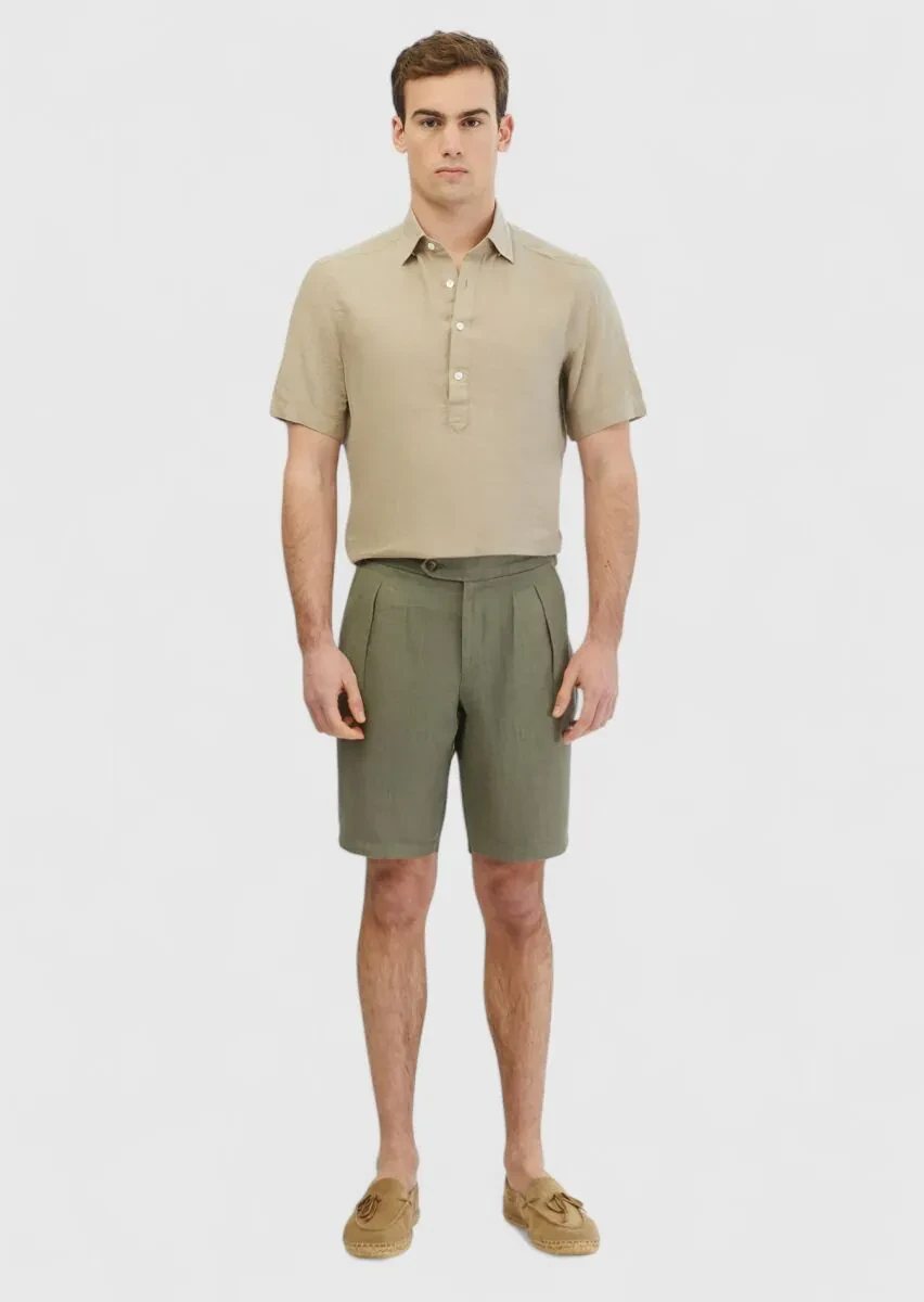 Khaki Weaving Carrot Fit Casual 100% Linen Bermuda - 1