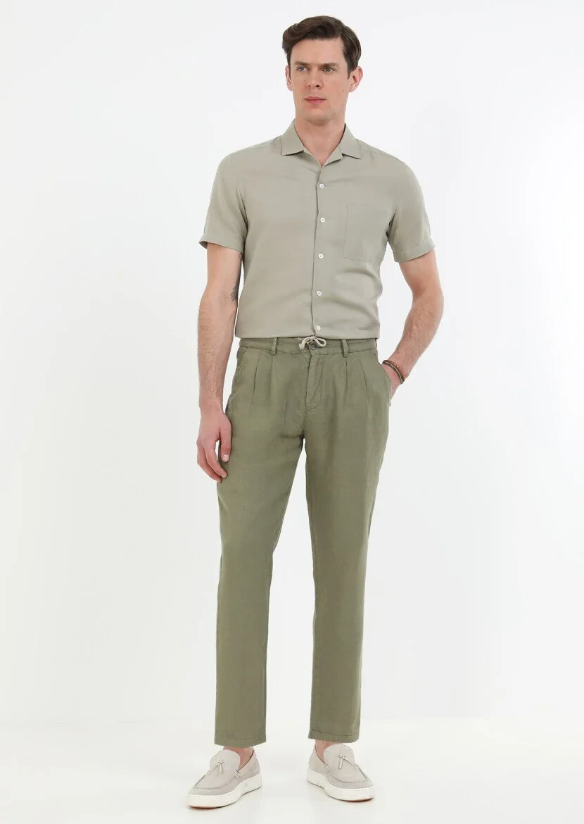 Khaki Weaving Casual 100% Linen Trousers 