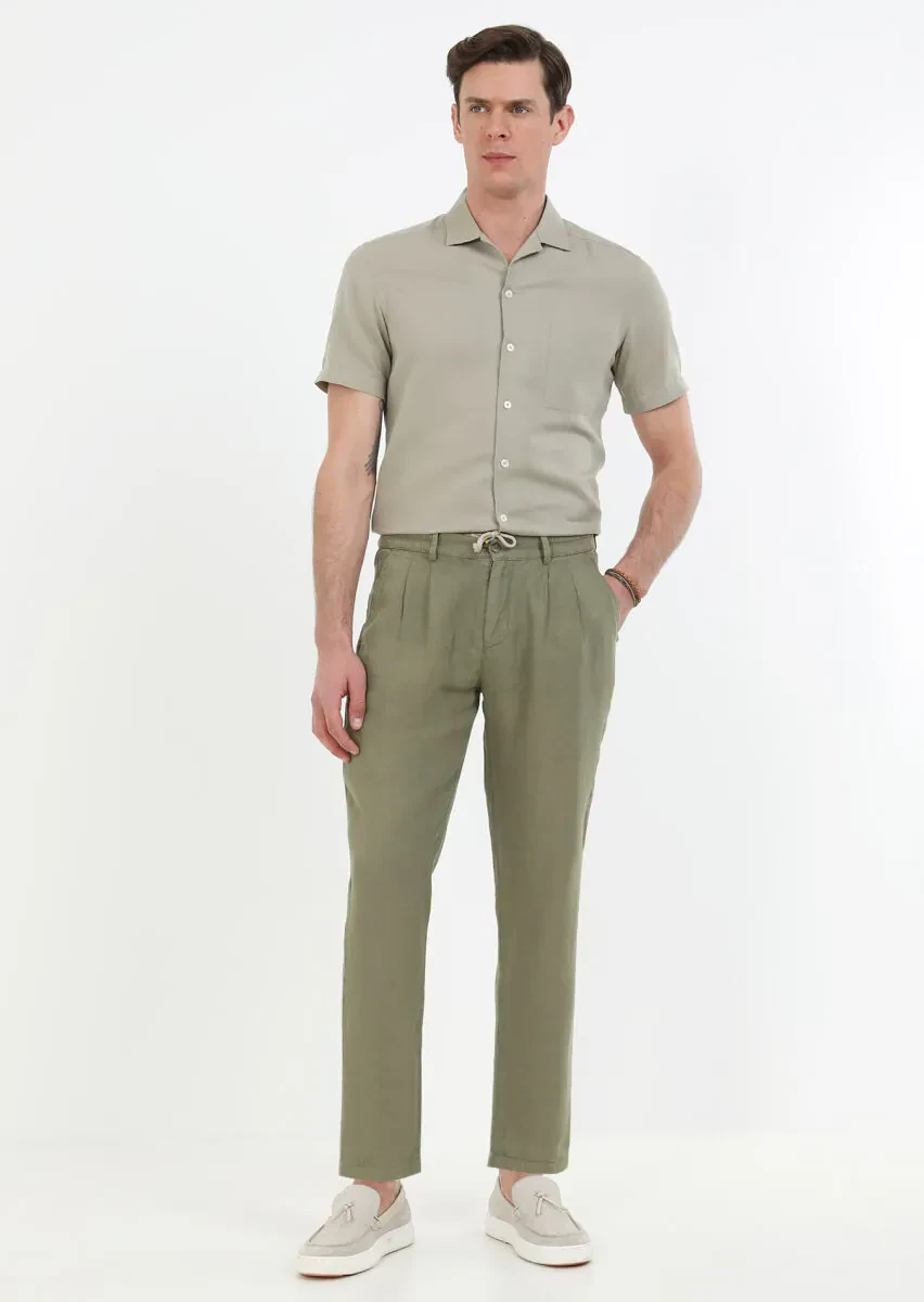 Khaki Weaving Casual 100% Linen Trousers - 2