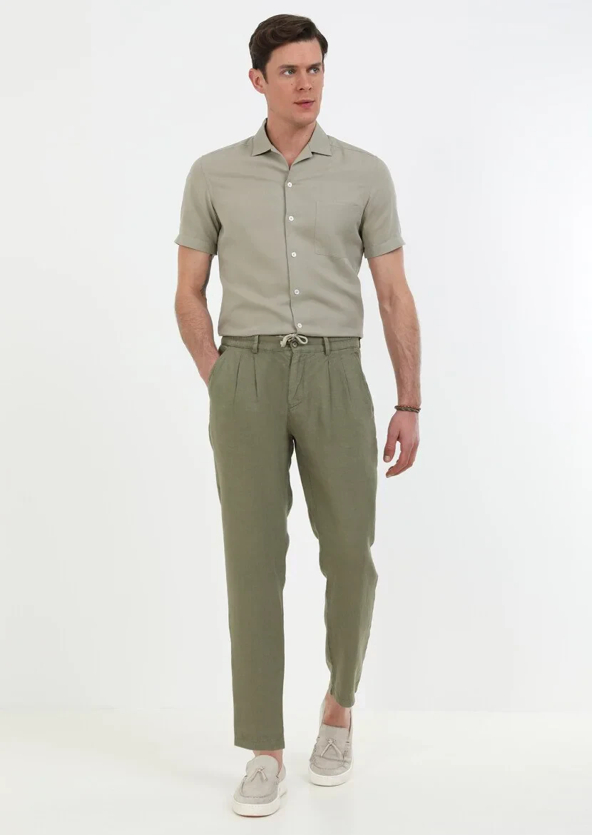 Khaki Weaving Casual 100% Linen Trousers - 3