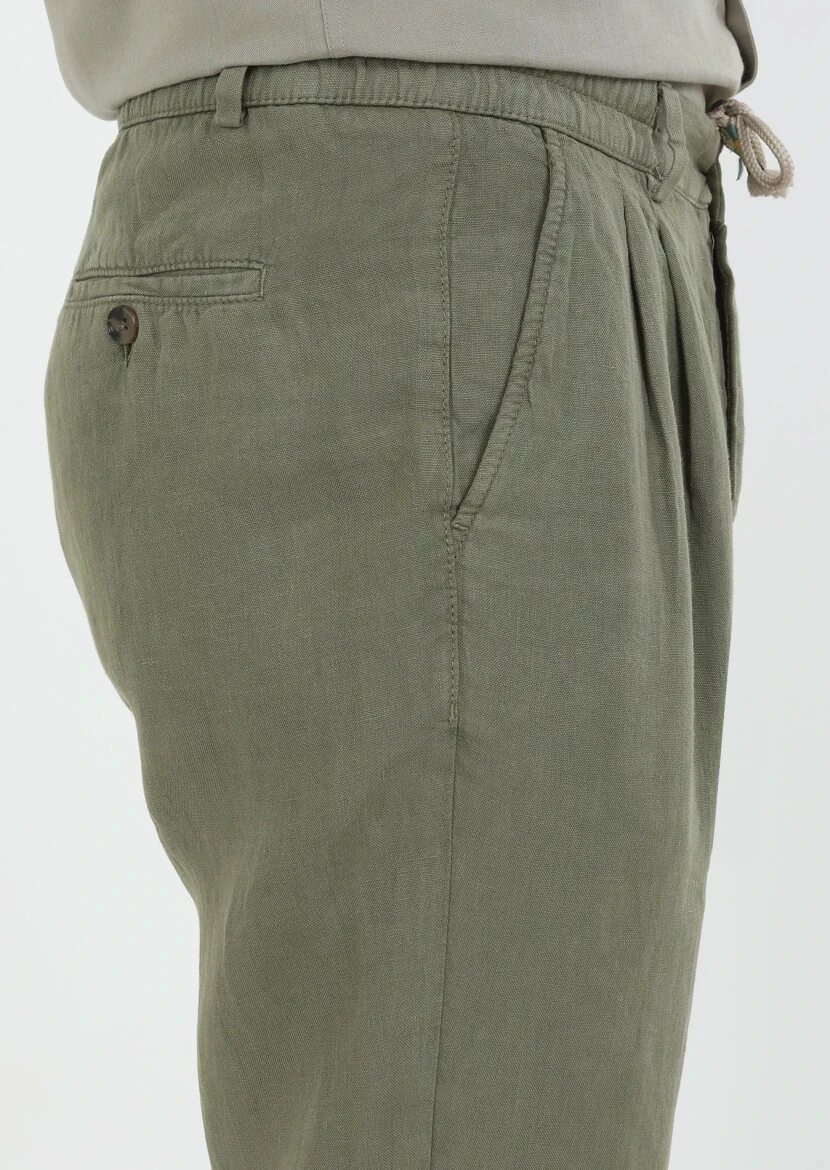 Khaki Weaving Casual 100% Linen Trousers - 5