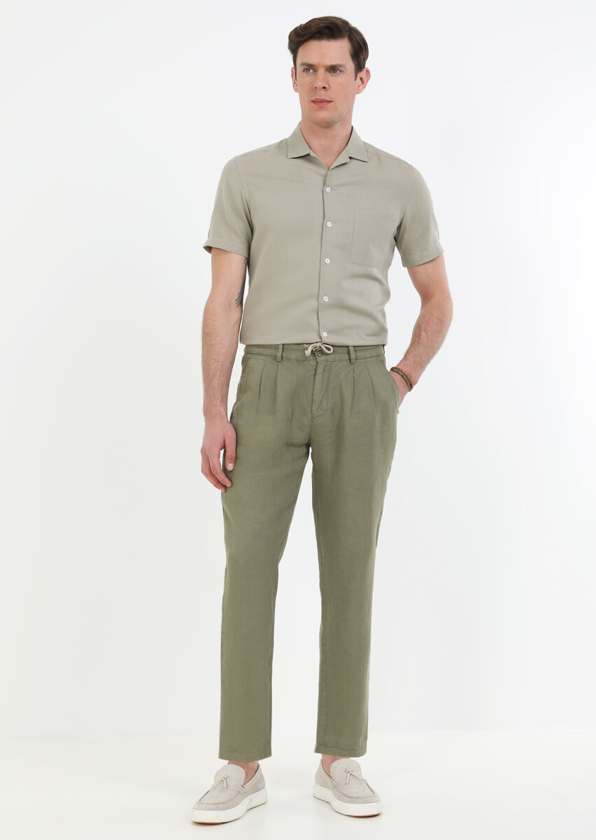 Khaki Weaving Jogging Fit Casual 100% Linen Trousers - 2