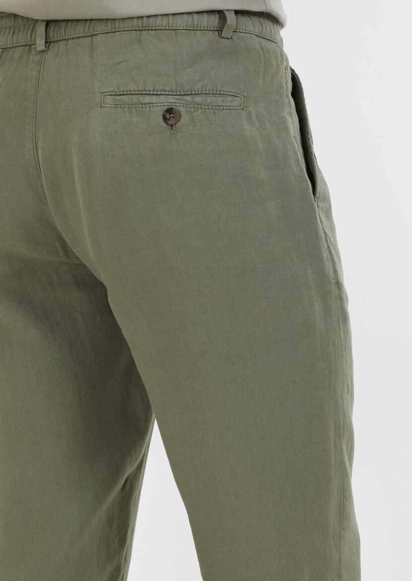 Khaki Weaving Jogging Fit Casual 100% Linen Trousers - 6