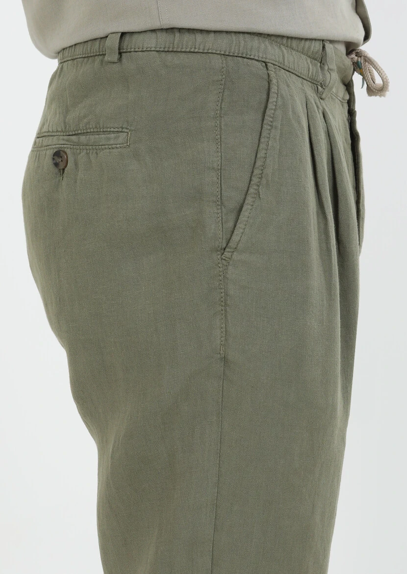 Khaki Weaving Jogging Fit Casual 100% Linen Trousers - 5