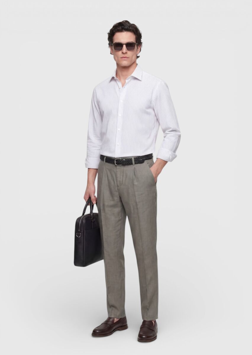 Khaki Weaving Jogging Fit Casual 100% Linen Trousers - 1