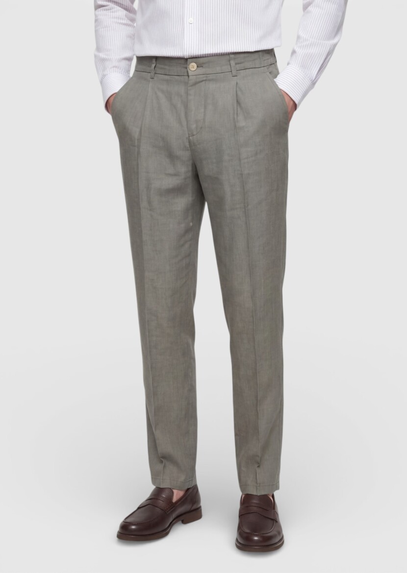 Khaki Weaving Jogging Fit Casual 100% Linen Trousers - 2