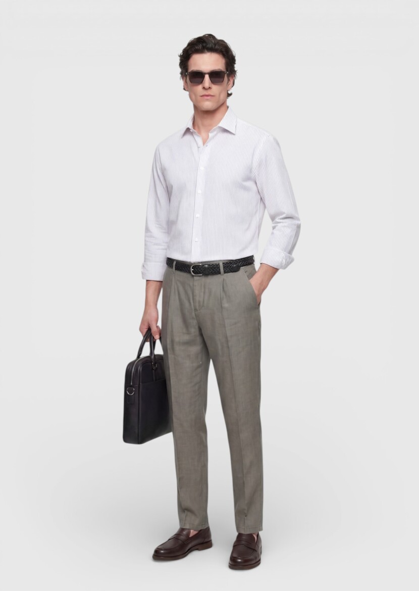 Khaki Weaving Jogging Fit Casual 100% Linen Trousers - RAMSEY