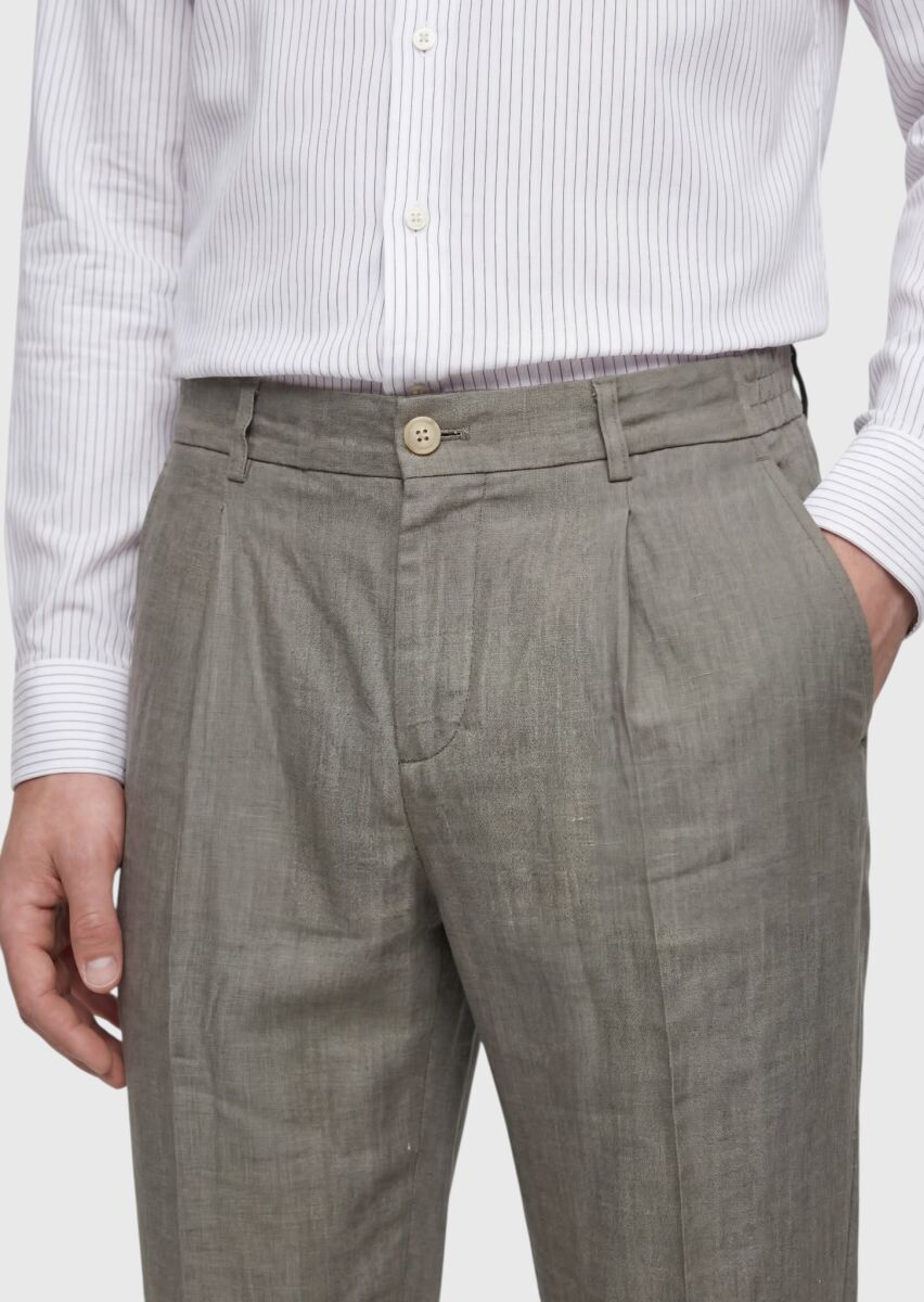 Khaki Weaving Jogging Fit Casual 100% Linen Trousers - 3