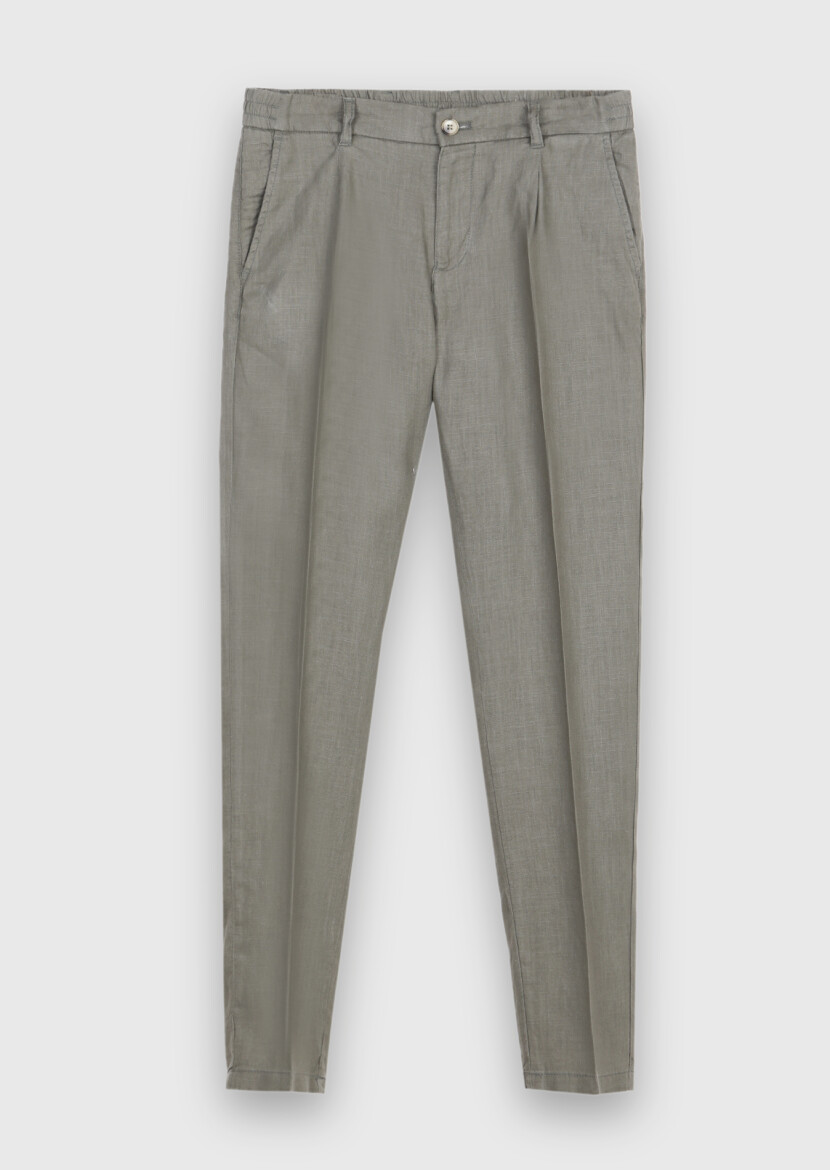 Khaki Weaving Jogging Fit Casual 100% Linen Trousers - 5