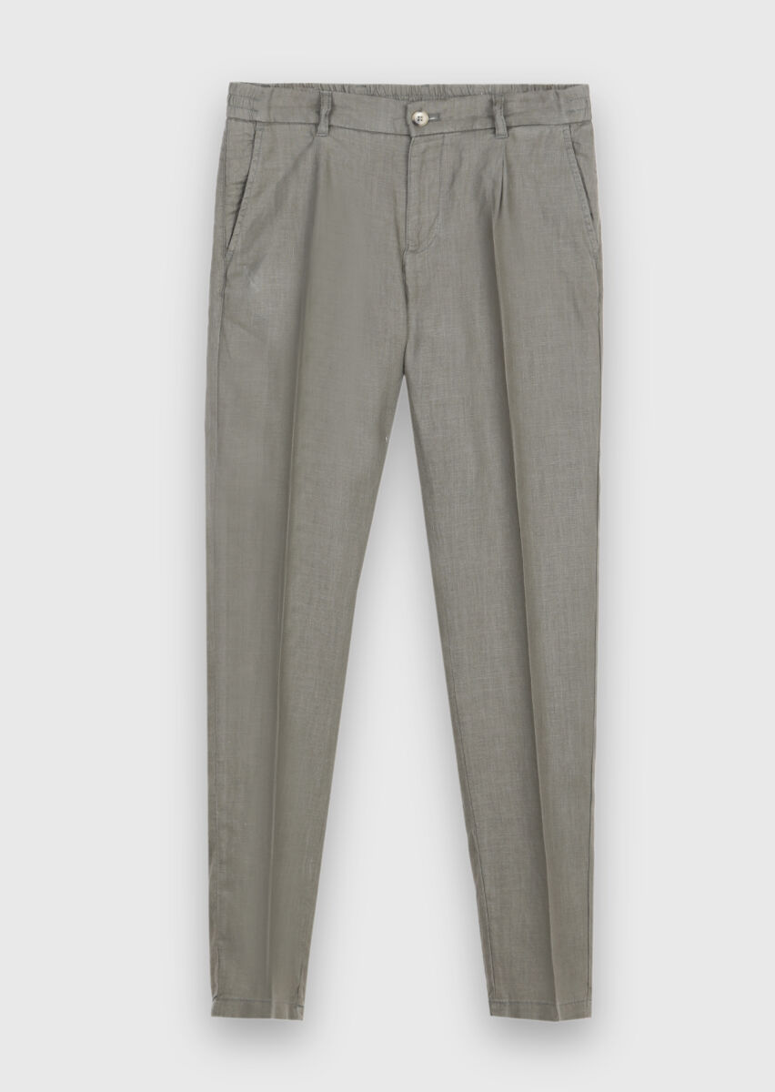 Khaki Weaving Jogging Fit Casual 100% Linen Trousers - 5