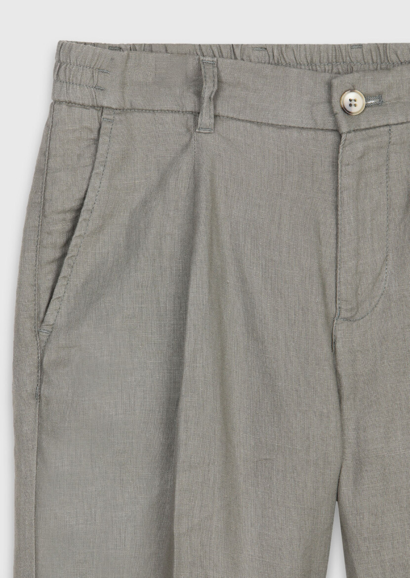 Khaki Weaving Jogging Fit Casual 100% Linen Trousers - 6
