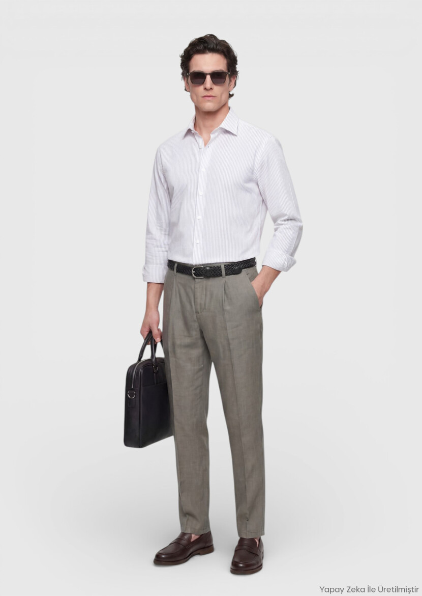 Khaki Weaving Jogging Fit Casual 100% Linen Trousers - RAMSEY