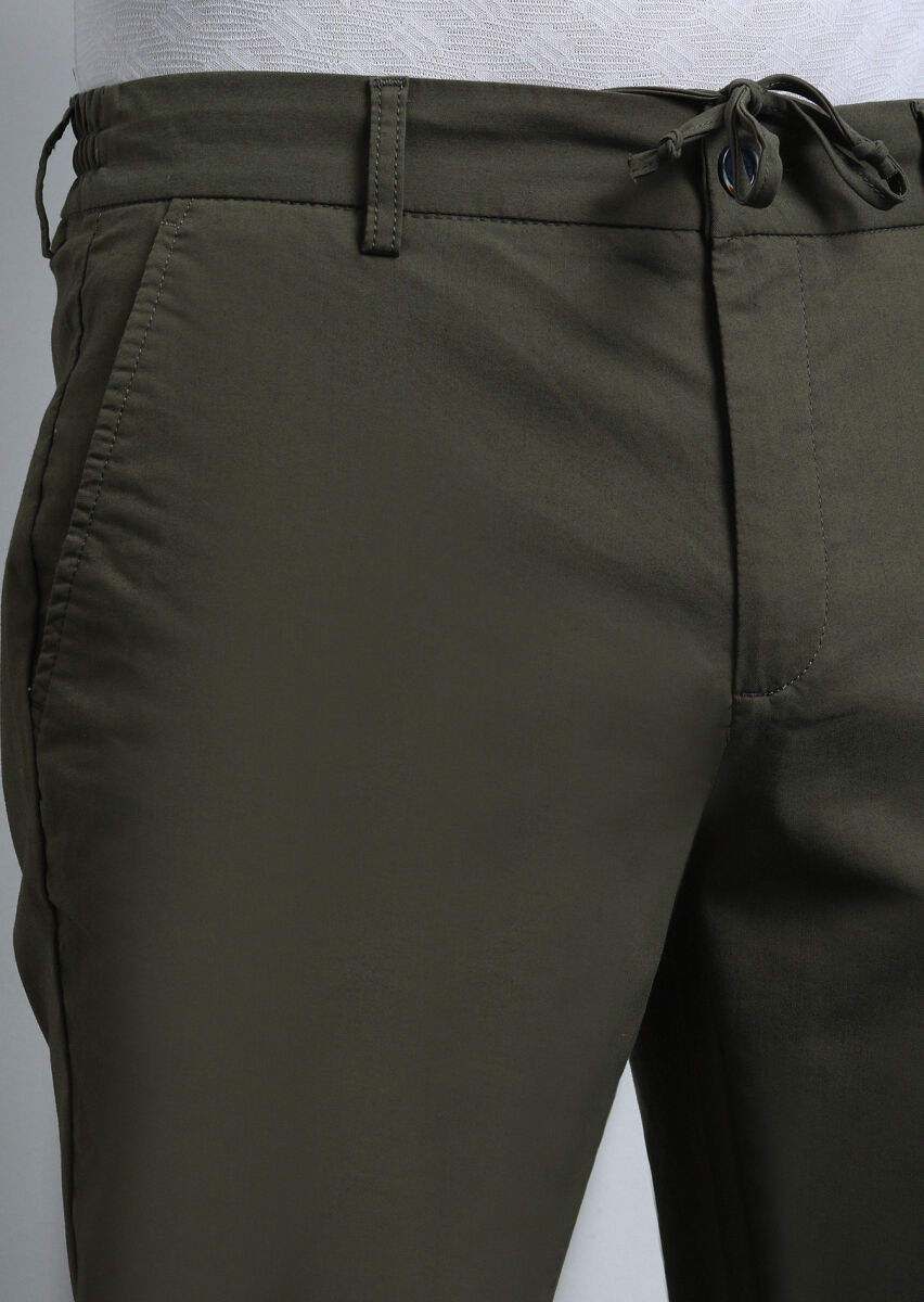 Khaki Weaving Jogging Fit Casual Cotton Blended Trousers - 2