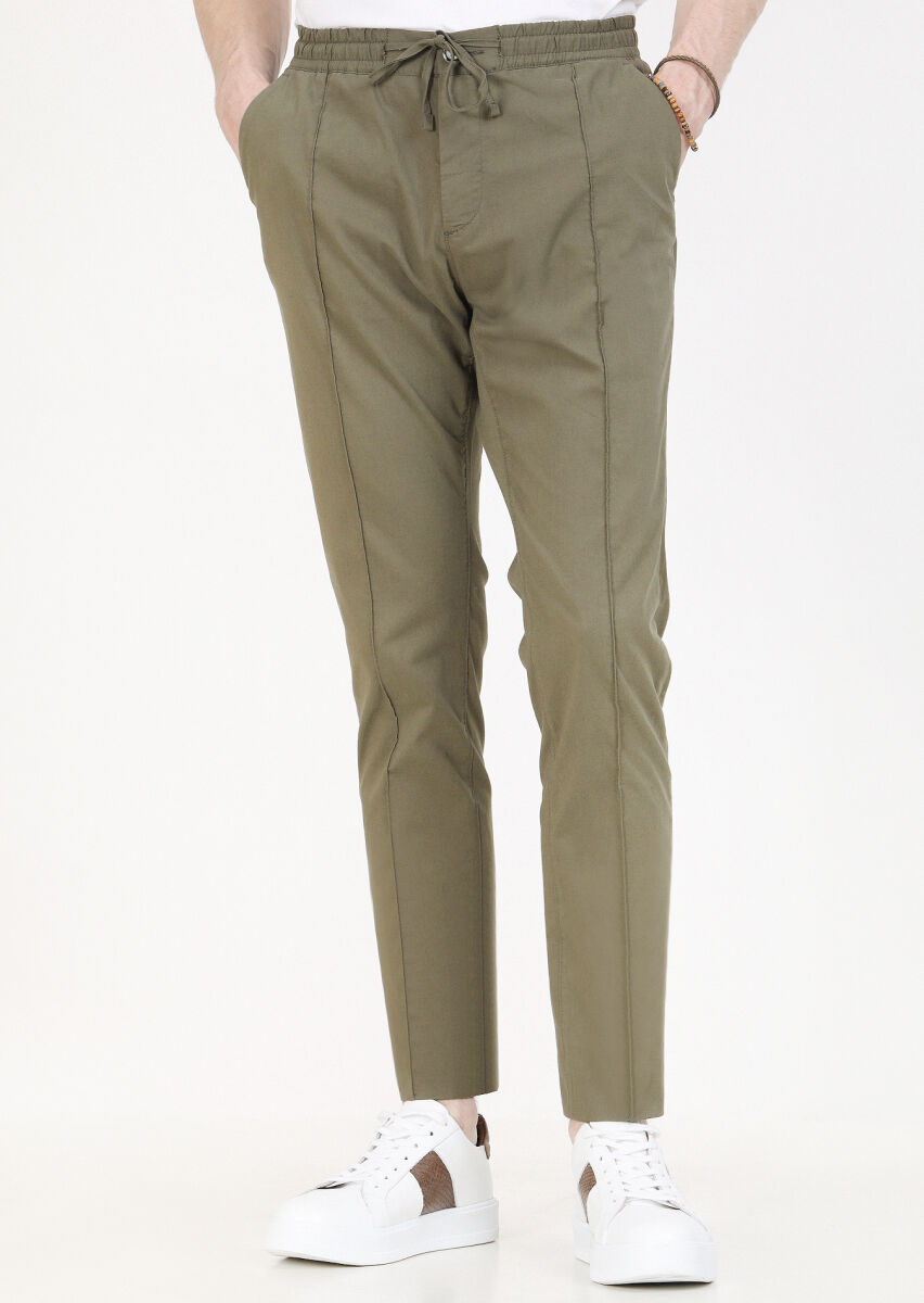 Khaki Weaving Jogging Fit Casual Cotton Blended Trousers - 2