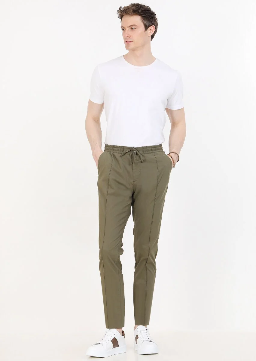 Khaki Weaving Jogging Fit Casual Cotton Blended Trousers - 1