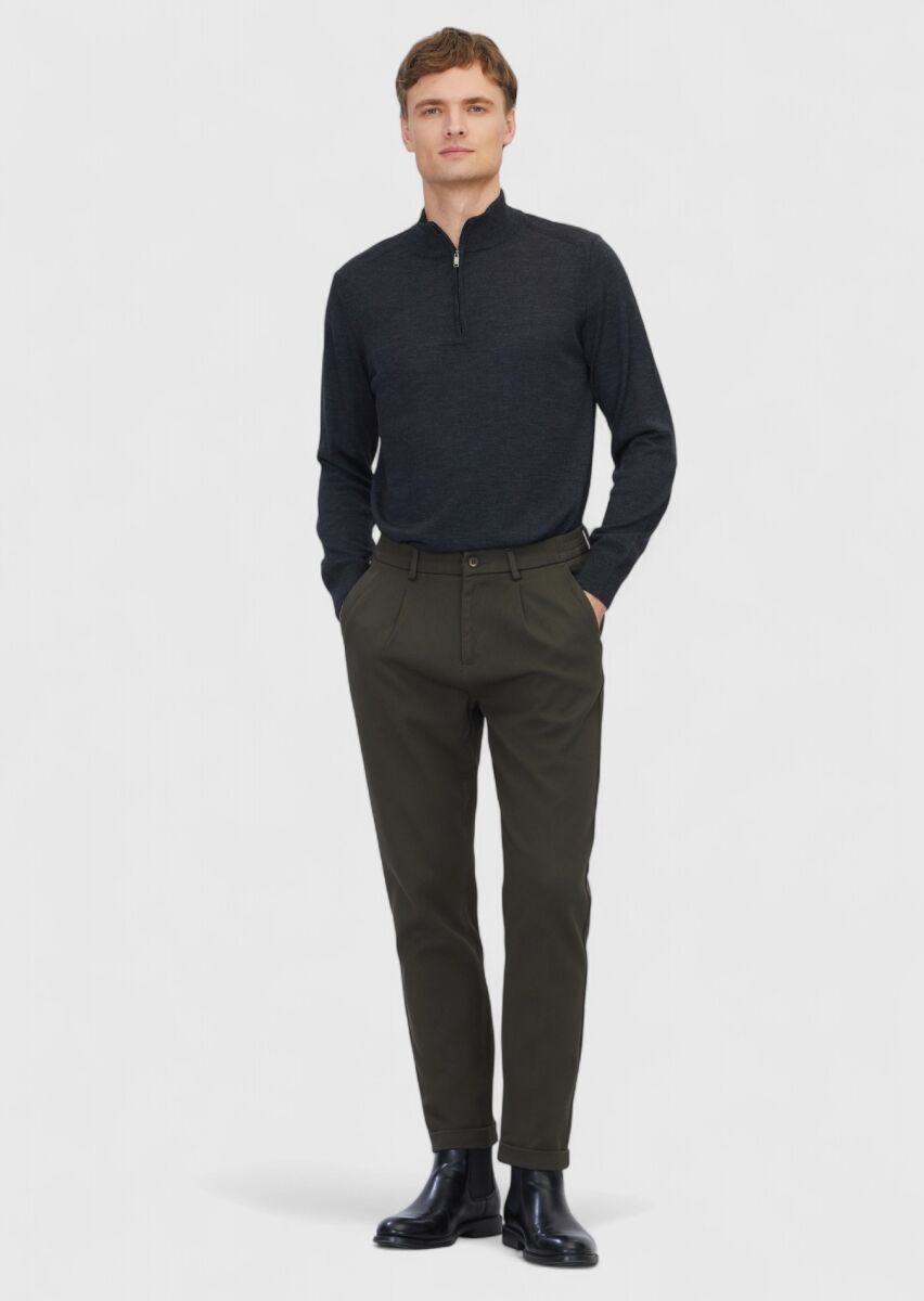 Khaki Weaving Jogging Fit Casual Cotton Blended Trousers - 1